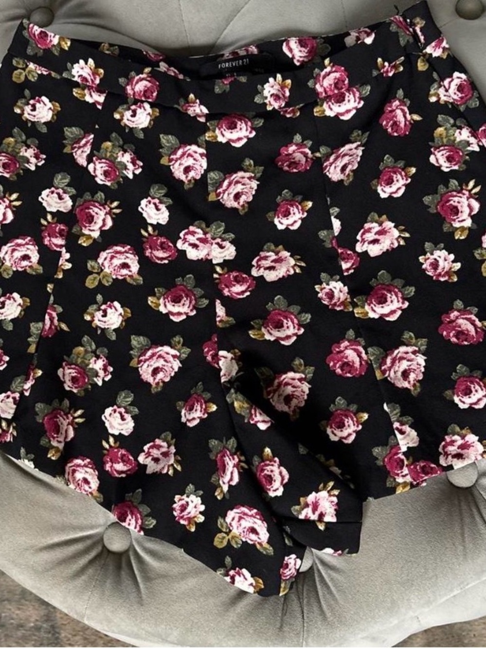 Forever 21 Black Floral Skater Shorts with Pink Rose Print